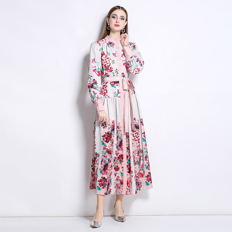 CM-DY048616 Women Elegant European Style Stand Collar Long Sleeve Floral Print Belted Midi Dress