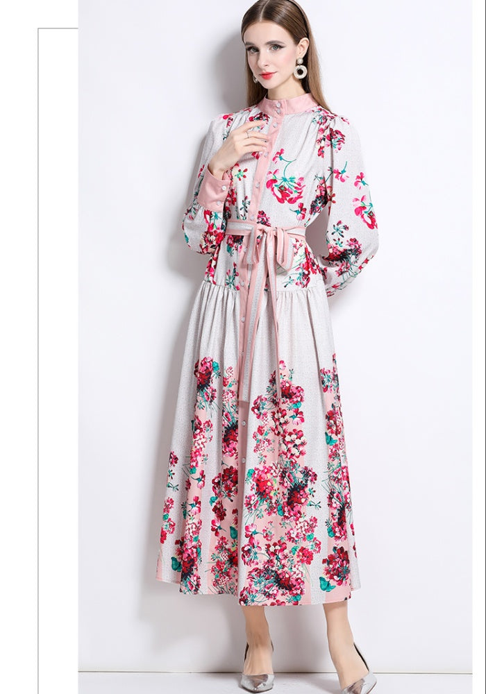 CM-DY048616 Women Elegant European Style Stand Collar Long Sleeve Floral Print Belted Midi Dress