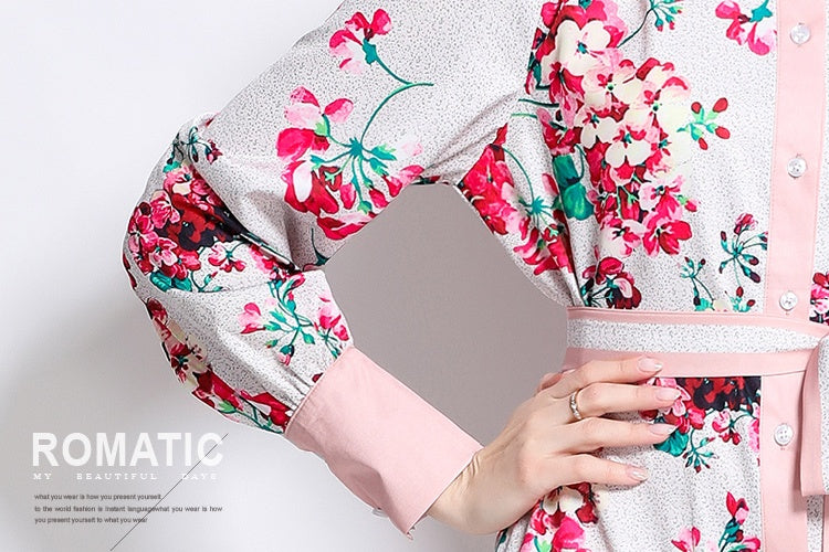 CM-DY048616 Women Elegant European Style Stand Collar Long Sleeve Floral Print Belted Midi Dress