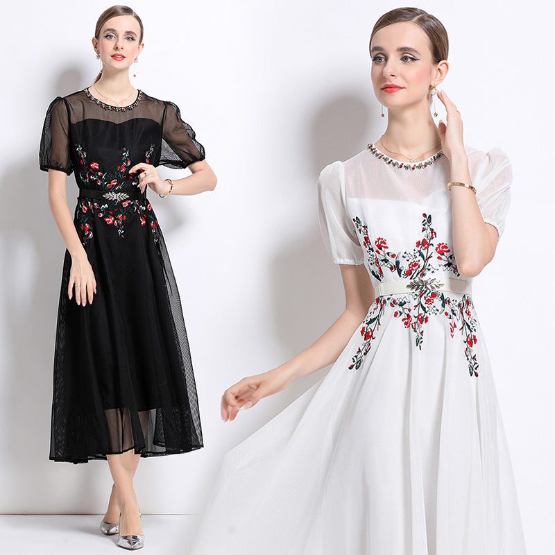 CM-DY048630 Women Elegant European Style Round Neck Puff Sleeve Embroidery BeadS Decor Long Dress (Available in 2 colors)