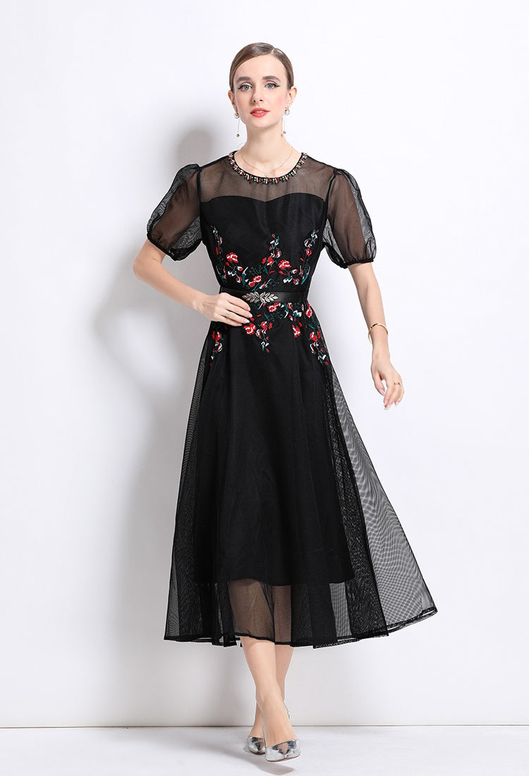 CM-DY048630 Women Elegant European Style Round Neck Puff Sleeve Embroidery BeadS Decor Long Dress (Available in 2 colors)