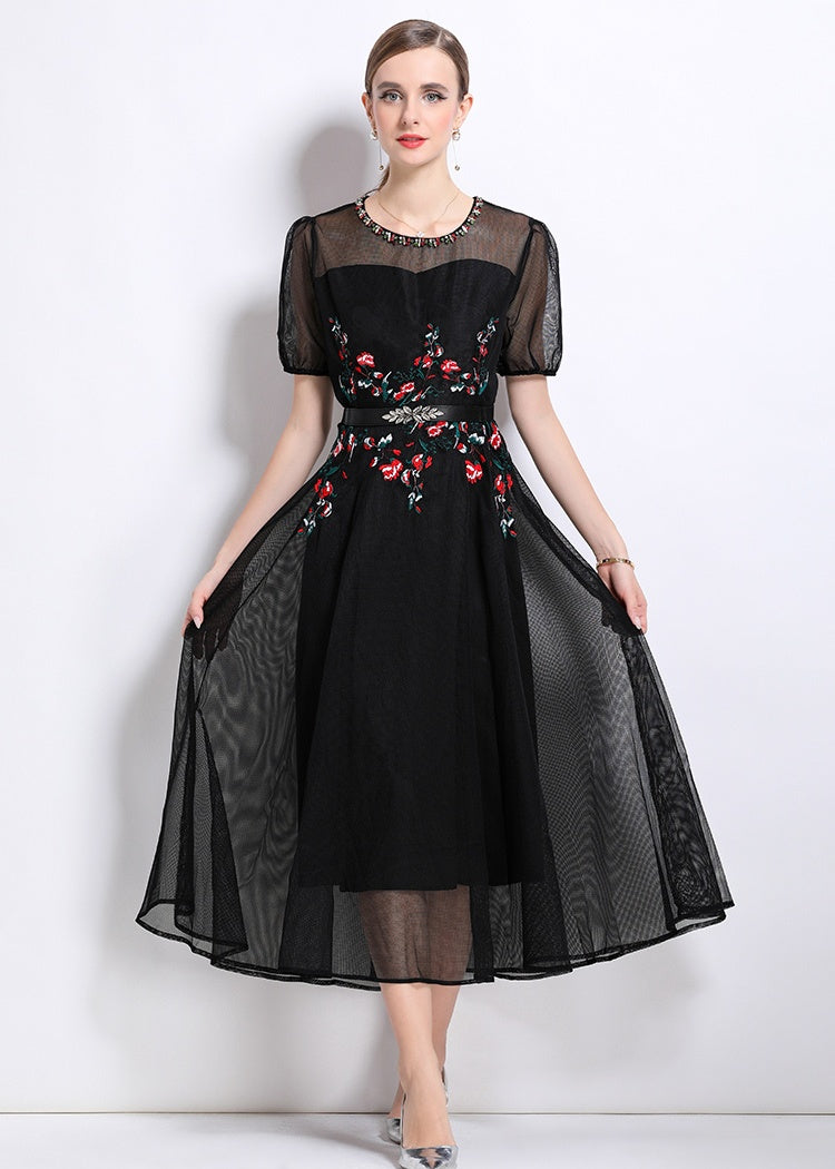 CM-DY048630 Women Elegant European Style Round Neck Puff Sleeve Embroidery BeadS Decor Long Dress (Available in 2 colors)