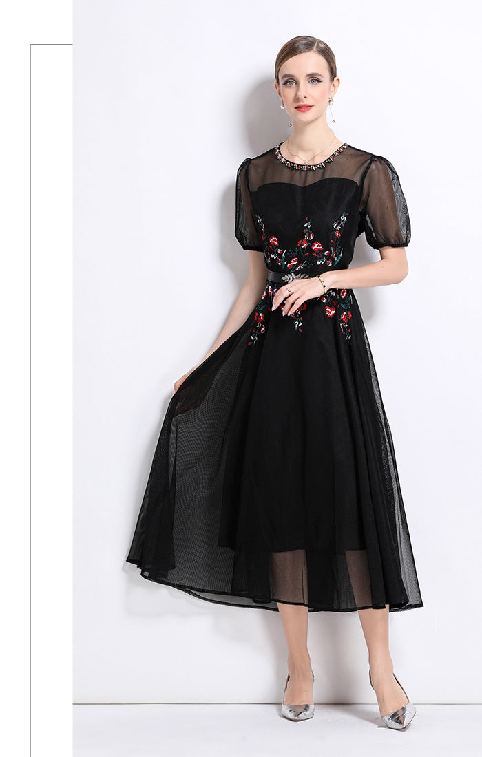 CM-DY048630 Women Elegant European Style Round Neck Puff Sleeve Embroidery BeadS Decor Long Dress (Available in 2 colors)