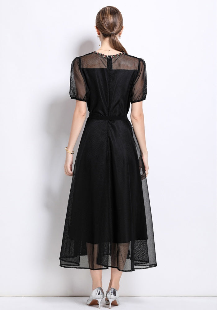 CM-DY048630 Women Elegant European Style Round Neck Puff Sleeve Embroidery BeadS Decor Long Dress (Available in 2 colors)