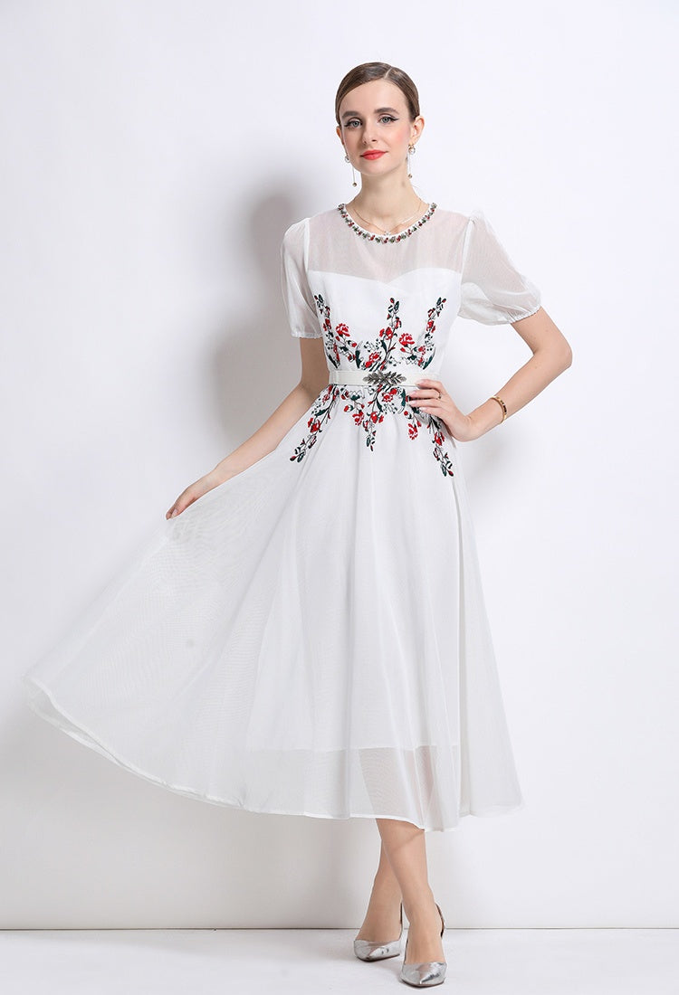 CM-DY048630 Women Elegant European Style Round Neck Puff Sleeve Embroidery BeadS Decor Long Dress (Available in 2 colors)
