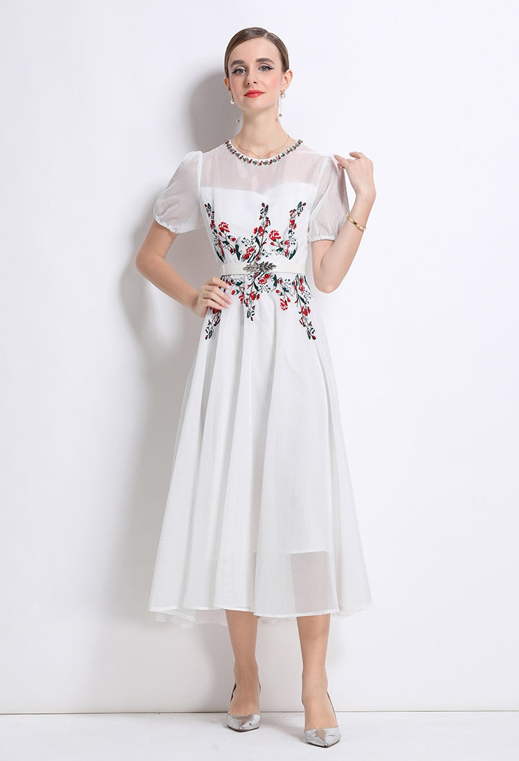 CM-DY048630 Women Elegant European Style Round Neck Puff Sleeve Embroidery BeadS Decor Long Dress (Available in 2 colors)
