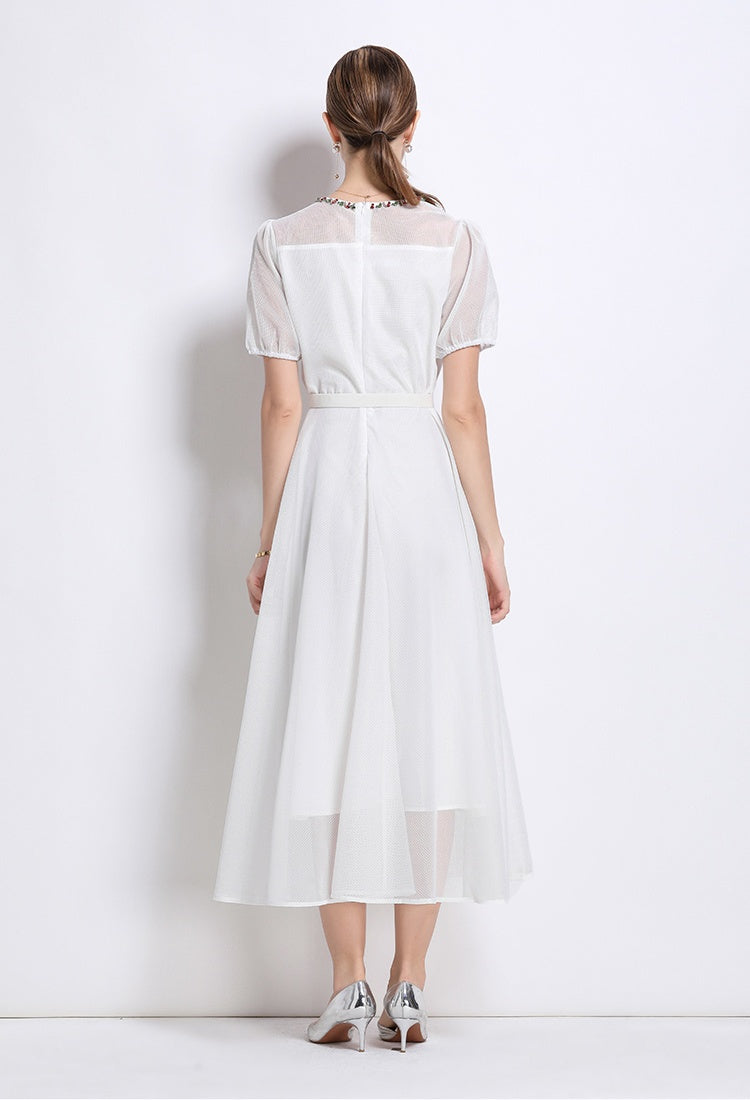 CM-DY048630 Women Elegant European Style Round Neck Puff Sleeve Embroidery BeadS Decor Long Dress (Available in 2 colors)