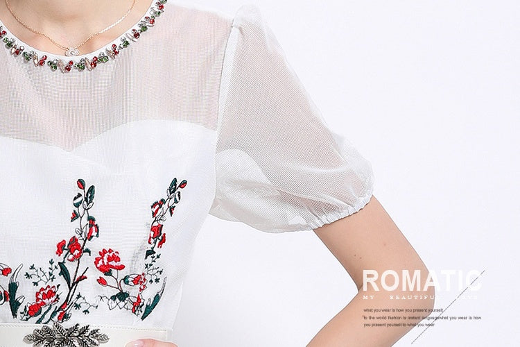 CM-DY048630 Women Elegant European Style Round Neck Puff Sleeve Embroidery BeadS Decor Long Dress (Available in 2 colors)