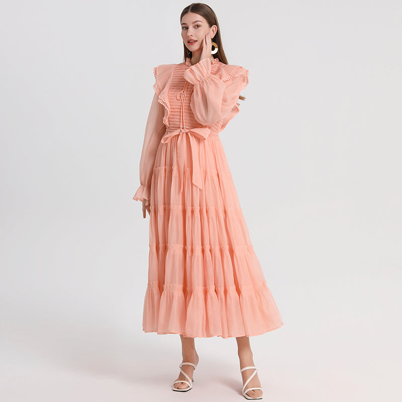 CM-DY048803 Women Elegant European Style Round Neck Petal Sleeve Pinched Waist Maxi Dress - Orange Pink