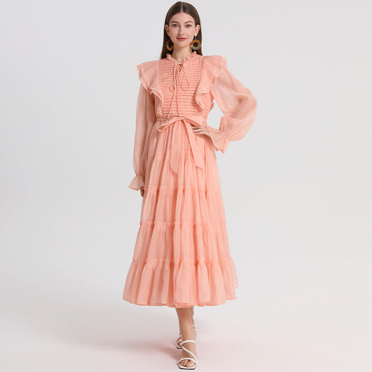 CM-DY048803 Women Elegant European Style Round Neck Petal Sleeve Pinched Waist Maxi Dress - Orange Pink