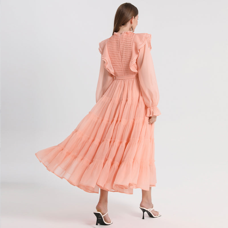 CM-DY048803 Women Elegant European Style Round Neck Petal Sleeve Pinched Waist Maxi Dress - Orange Pink