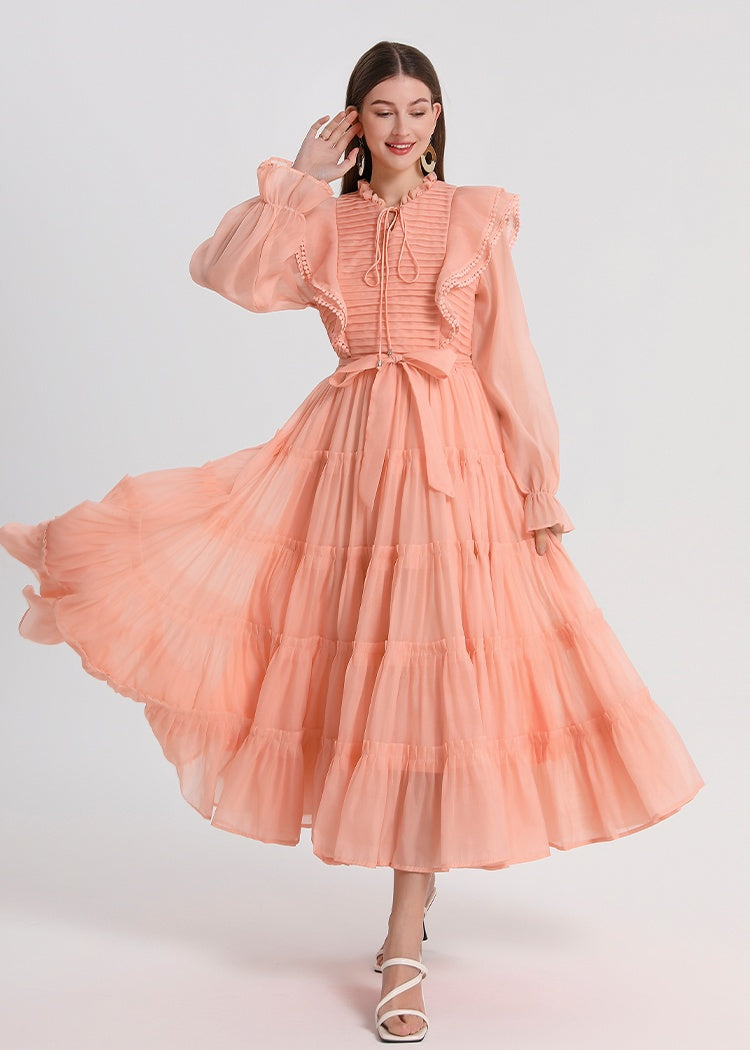 CM-DY048803 Women Elegant European Style Round Neck Petal Sleeve Pinched Waist Maxi Dress - Orange Pink