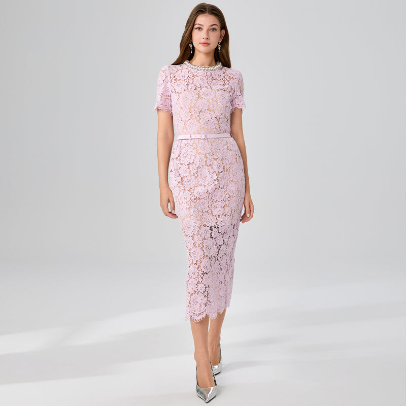 CM-DY048804 Women Elegant European Style Rhinestone Decor Round Neck Short Sleeve Belted Lace Dress - Pink