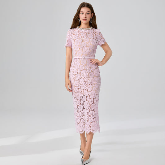 CM-DY048804 Women Elegant European Style Rhinestone Decor Round Neck Short Sleeve Belted Lace Dress - Pink