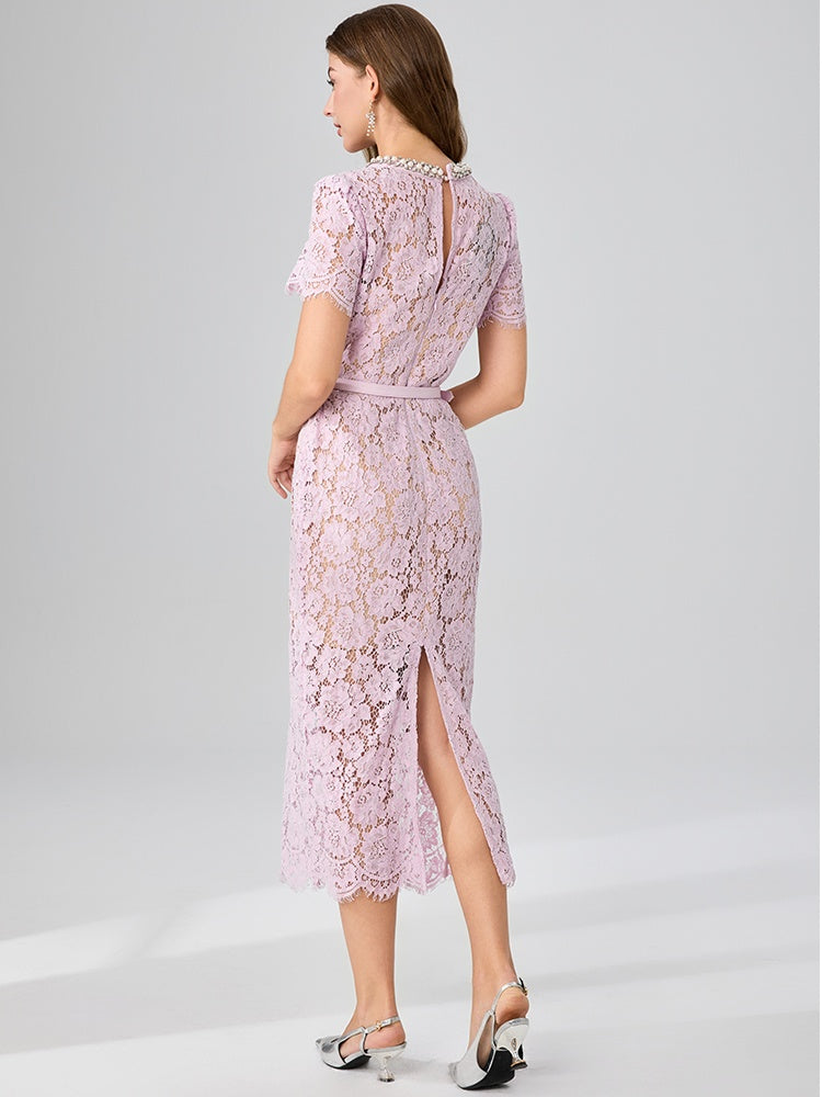 CM-DY048804 Women Elegant European Style Rhinestone Decor Round Neck Short Sleeve Belted Lace Dress - Pink