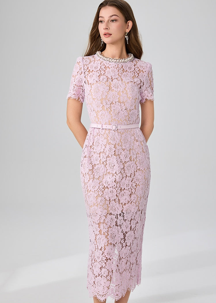 CM-DY048804 Women Elegant European Style Rhinestone Decor Round Neck Short Sleeve Belted Lace Dress - Pink