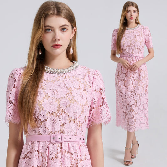 CM-DY048958 Women Elegant European Style Round Neck Rhinestone Decor Short Sleeve Lace Dress - Pink