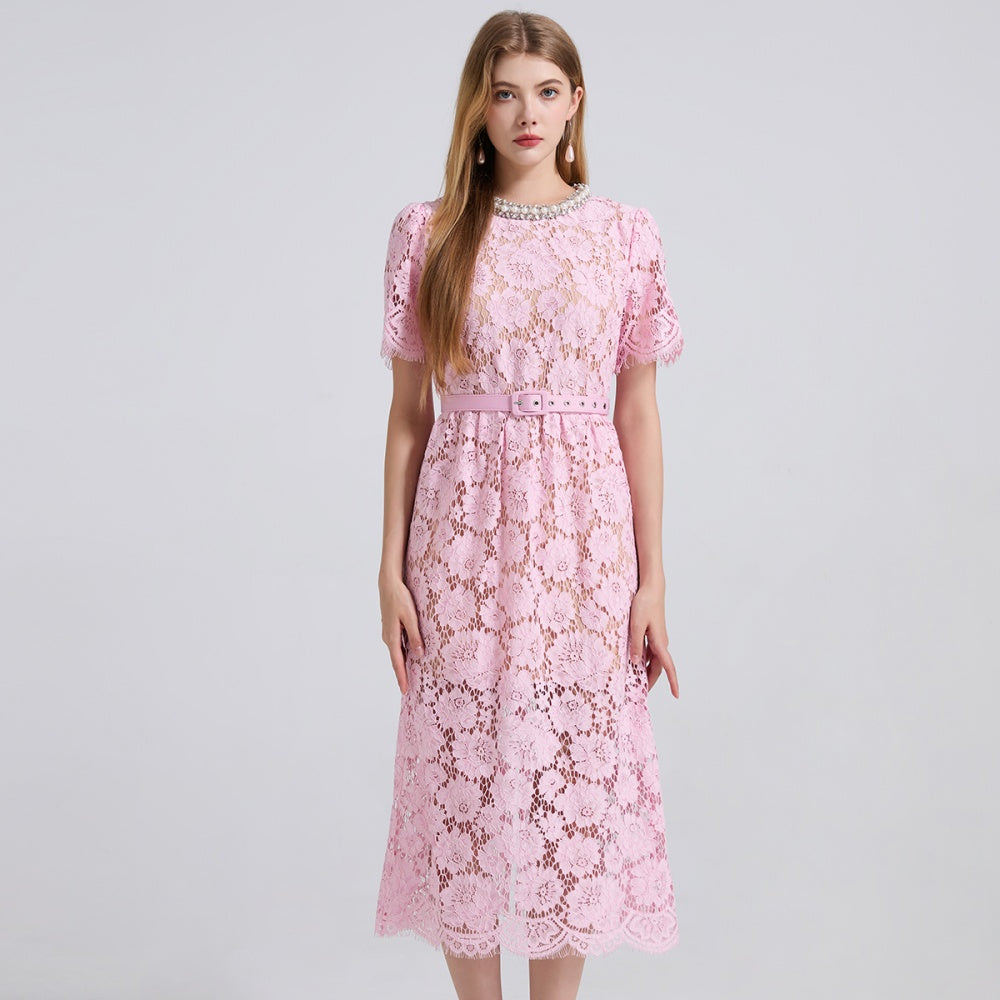 CM-DY048958 Women Elegant European Style Round Neck Rhinestone Decor Short Sleeve Lace Dress - Pink