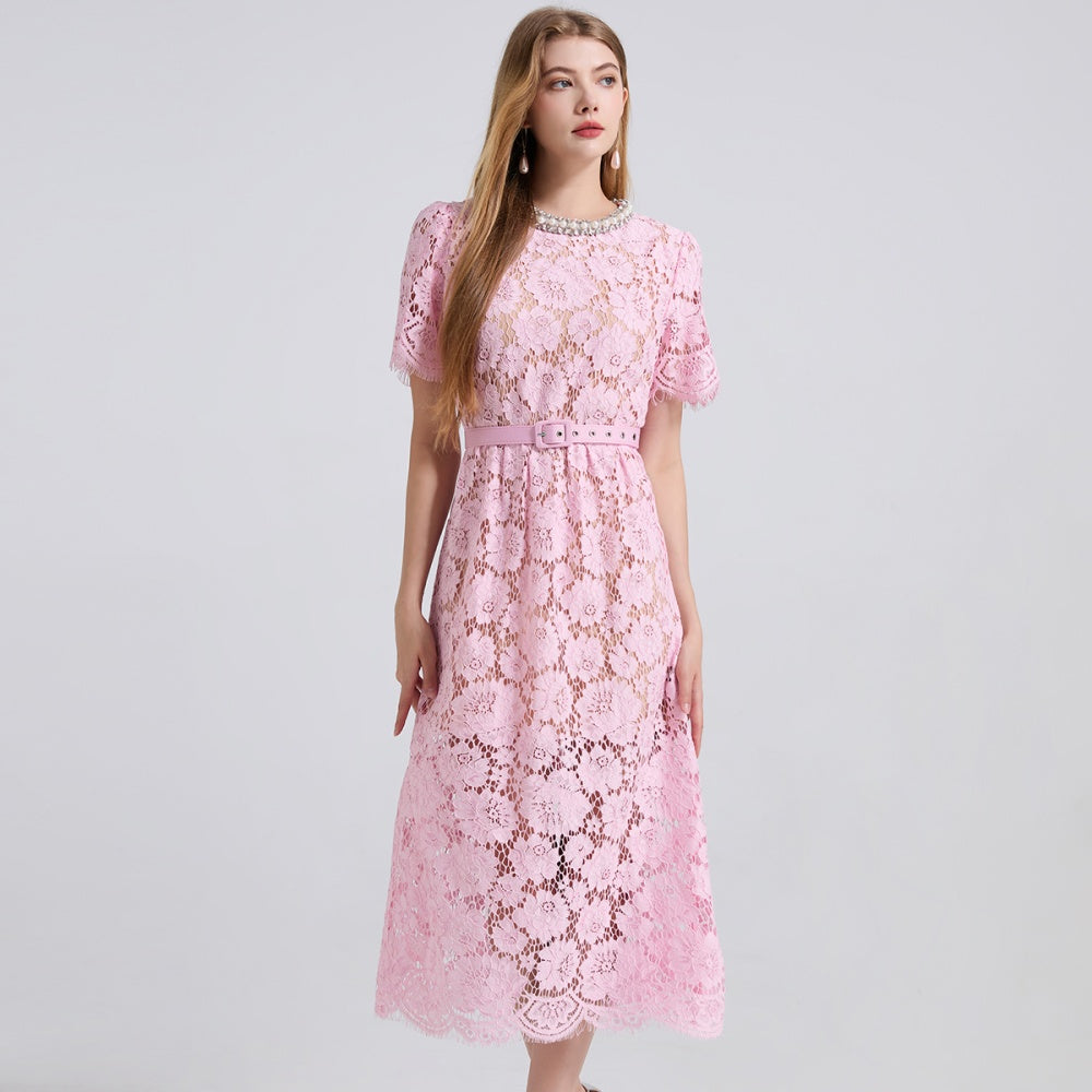 CM-DY048958 Women Elegant European Style Round Neck Rhinestone Decor Short Sleeve Lace Dress - Pink