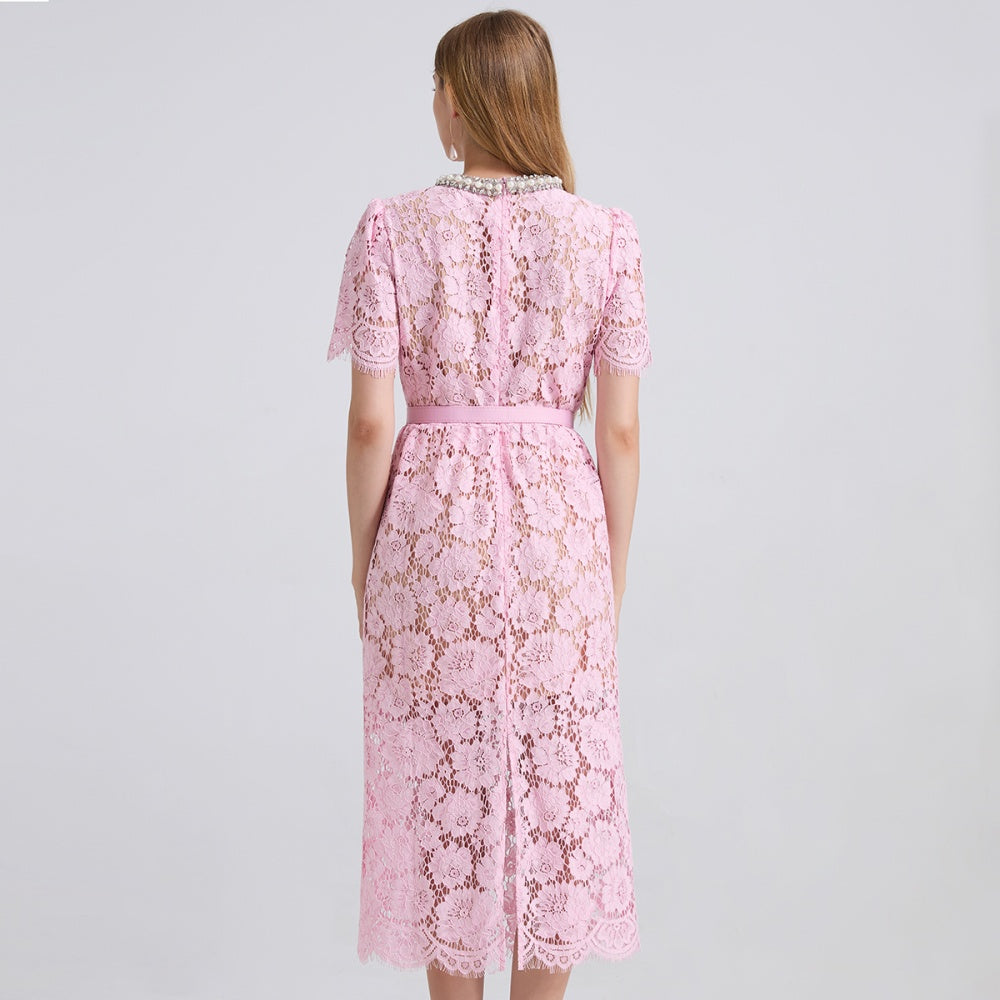CM-DY048958 Women Elegant European Style Round Neck Rhinestone Decor Short Sleeve Lace Dress - Pink