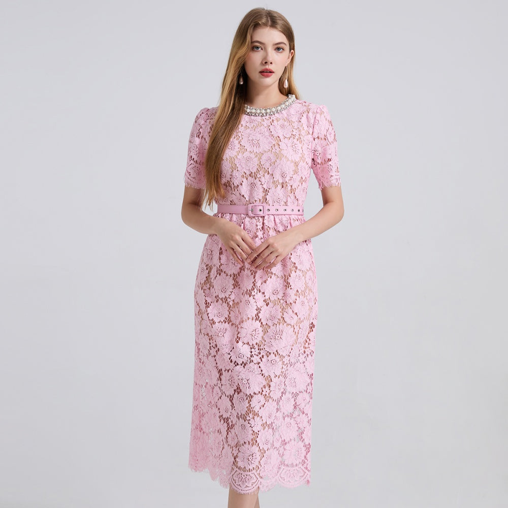 CM-DY048958 Women Elegant European Style Round Neck Rhinestone Decor Short Sleeve Lace Dress - Pink