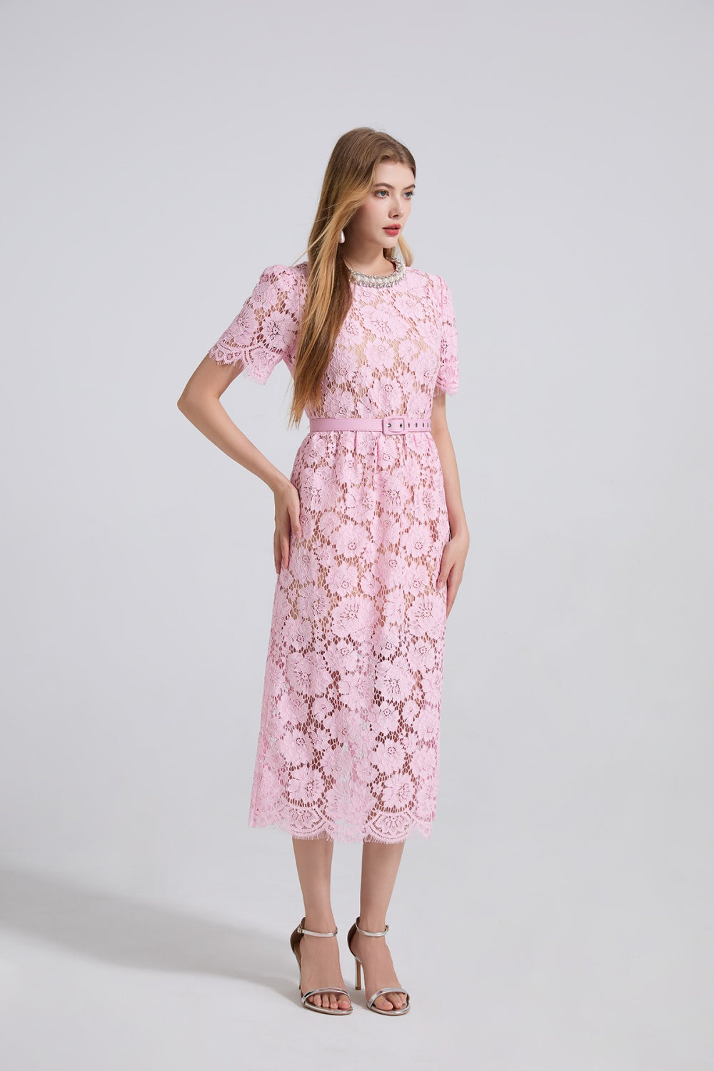 CM-DY048958 Women Elegant European Style Round Neck Rhinestone Decor Short Sleeve Lace Dress - Pink