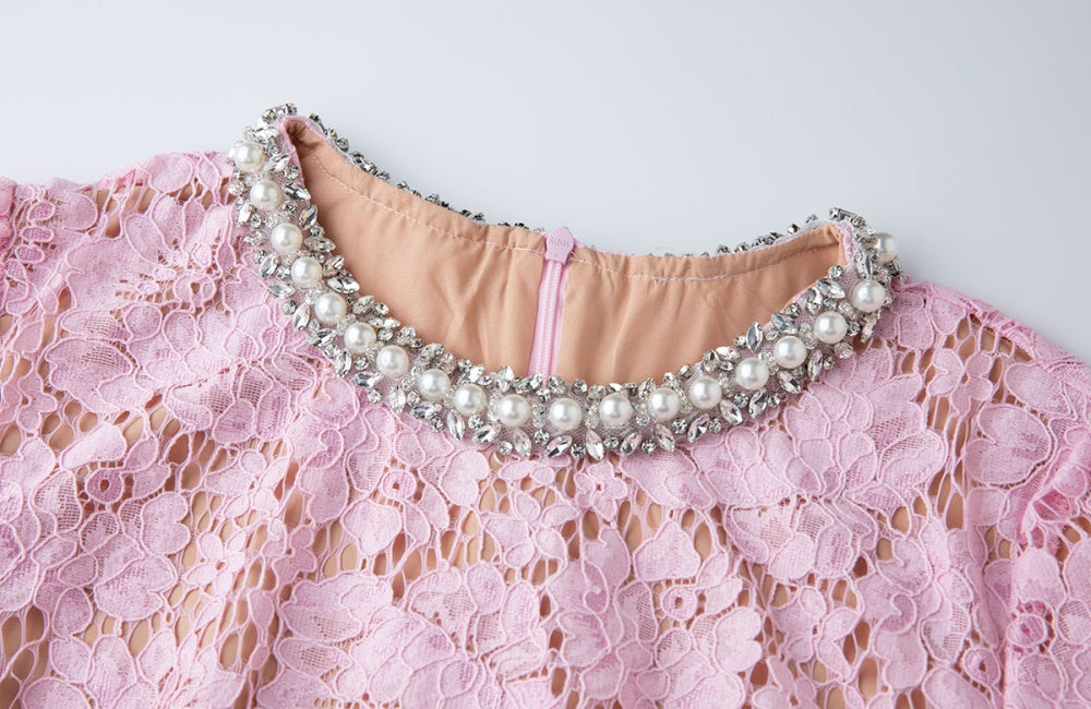 CM-DY048958 Women Elegant European Style Round Neck Rhinestone Decor Short Sleeve Lace Dress - Pink