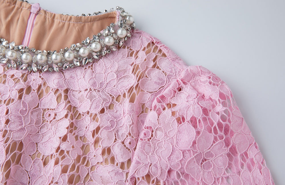 CM-DY048958 Women Elegant European Style Round Neck Rhinestone Decor Short Sleeve Lace Dress - Pink