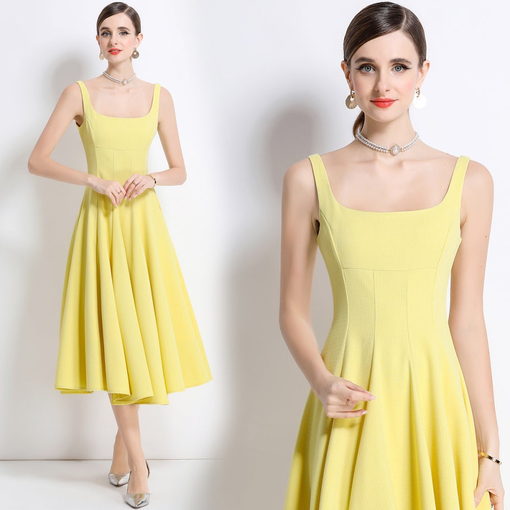 CM-DY048975 Women Elegant European Style Square Neck Sleeveless Pinched Waist A-Line Dress - Yellow