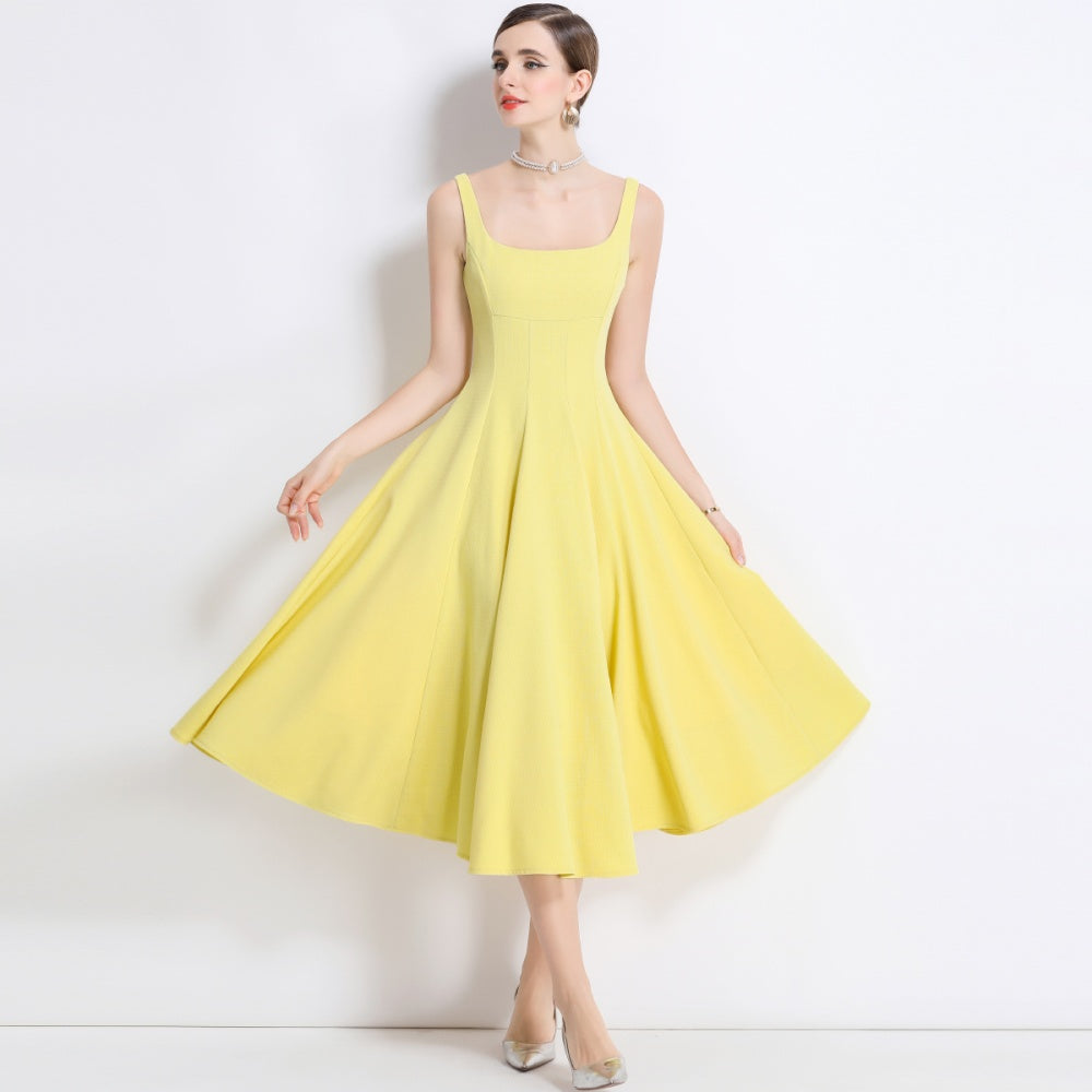 CM-DY048975 Women Elegant European Style Square Neck Sleeveless Pinched Waist A-Line Dress - Yellow