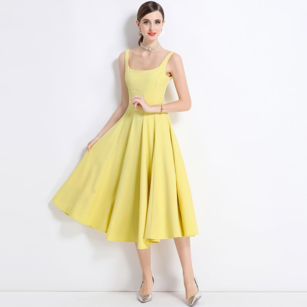 CM-DY048975 Women Elegant European Style Square Neck Sleeveless Pinched Waist A-Line Dress - Yellow