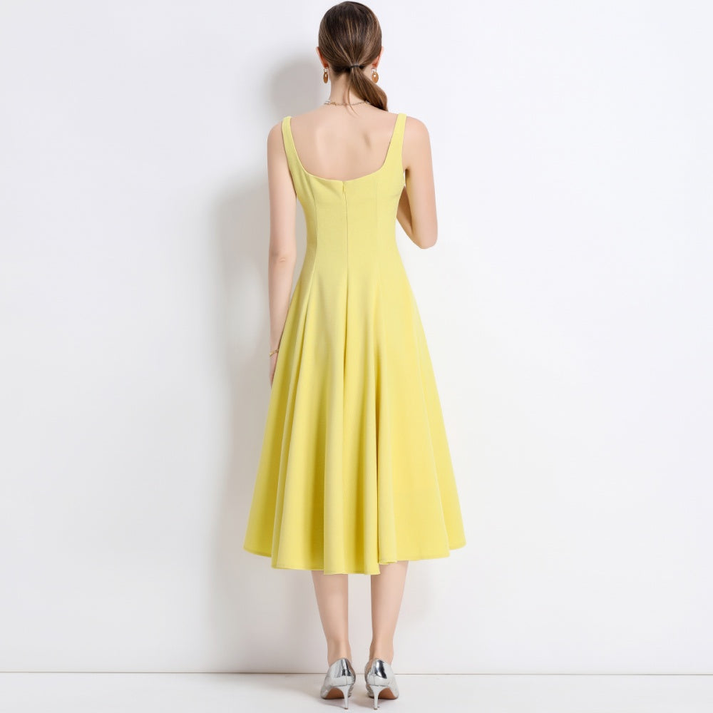 CM-DY048975 Women Elegant European Style Square Neck Sleeveless Pinched Waist A-Line Dress - Yellow