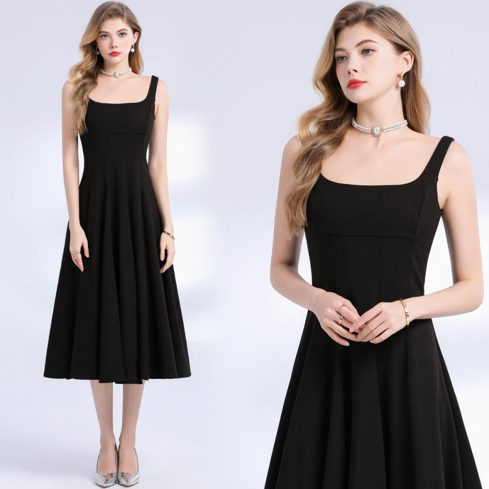 CM-DY048976 Women Elegant European Style Square Neck Sleeveless Pinched Waist A-Line Dress - Black