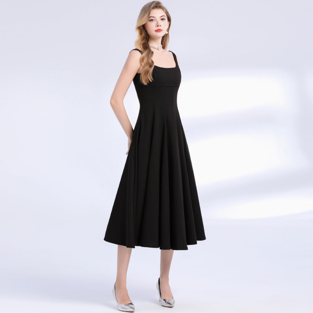 CM-DY048976 Women Elegant European Style Square Neck Sleeveless Pinched Waist A-Line Dress - Black