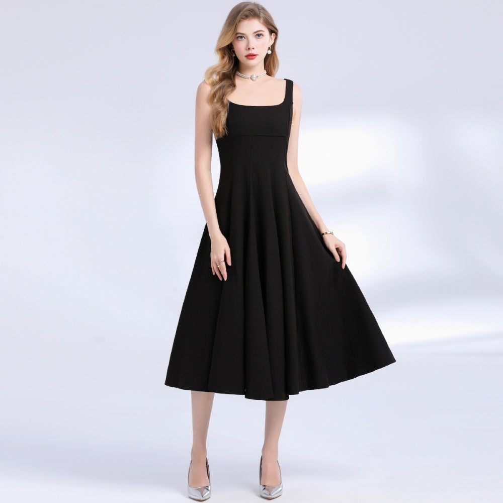 CM-DY048976 Women Elegant European Style Square Neck Sleeveless Pinched Waist A-Line Dress - Black