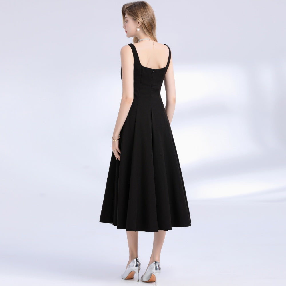 CM-DY048976 Women Elegant European Style Square Neck Sleeveless Pinched Waist A-Line Dress - Black