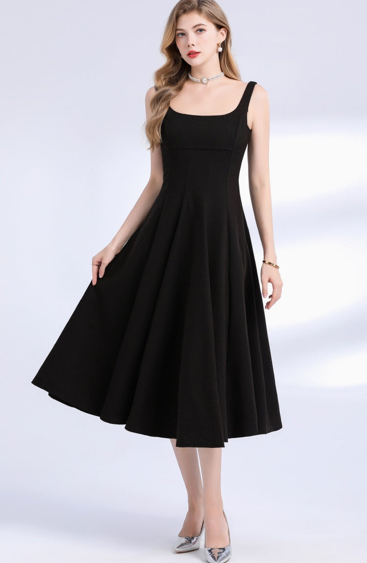 CM-DY048976 Women Elegant European Style Square Neck Sleeveless Pinched Waist A-Line Dress - Black
