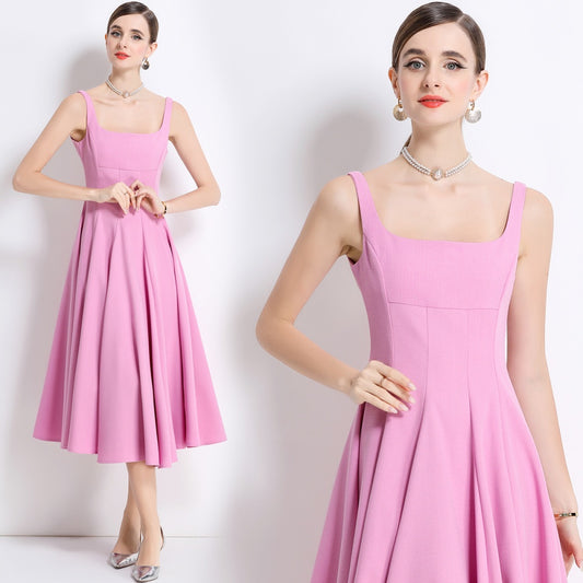CM-DY048977 Women Elegant European Style Square Neck Sleeveless Pinched Waist A-Line Dress - Pink