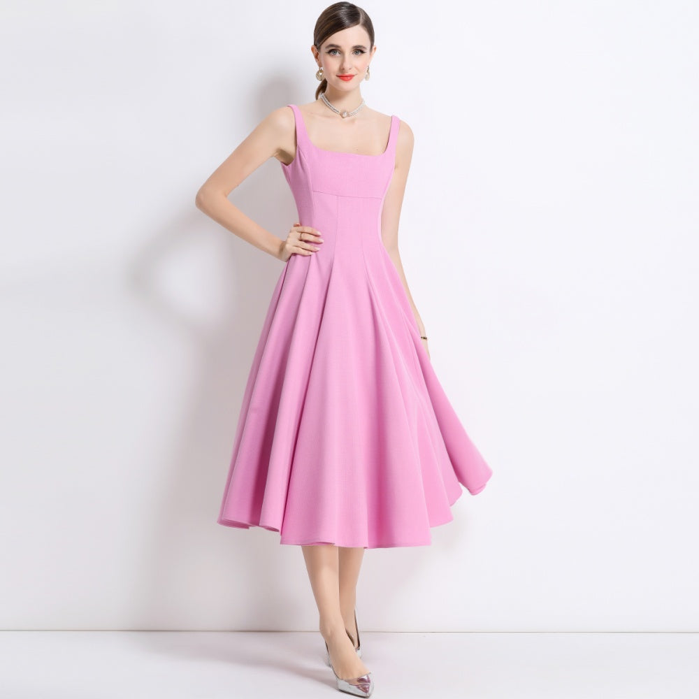 CM-DY048977 Women Elegant European Style Square Neck Sleeveless Pinched Waist A-Line Dress - Pink