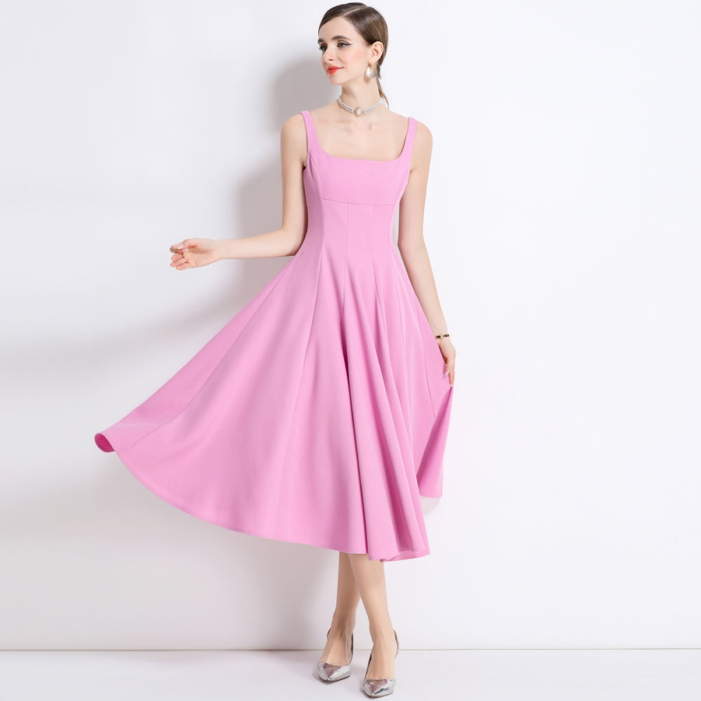 CM-DY048977 Women Elegant European Style Square Neck Sleeveless Pinched Waist A-Line Dress - Pink