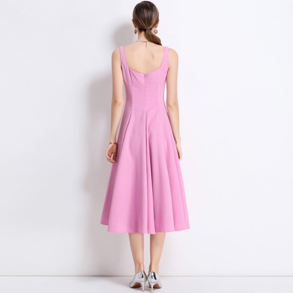 CM-DY048977 Women Elegant European Style Square Neck Sleeveless Pinched Waist A-Line Dress - Pink