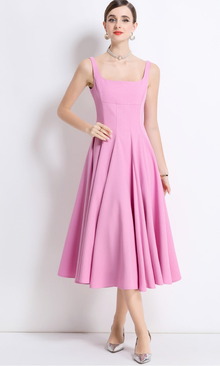 CM-DY048977 Women Elegant European Style Square Neck Sleeveless Pinched Waist A-Line Dress - Pink