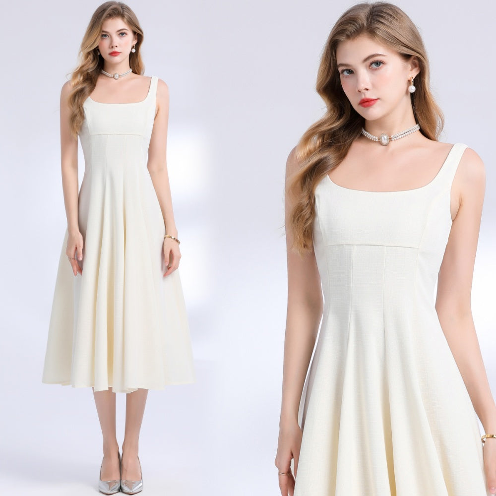 CM-DY048978 Women Elegant European Style Square Neck Sleeveless Pinched Waist A-Line Dress - Apricot