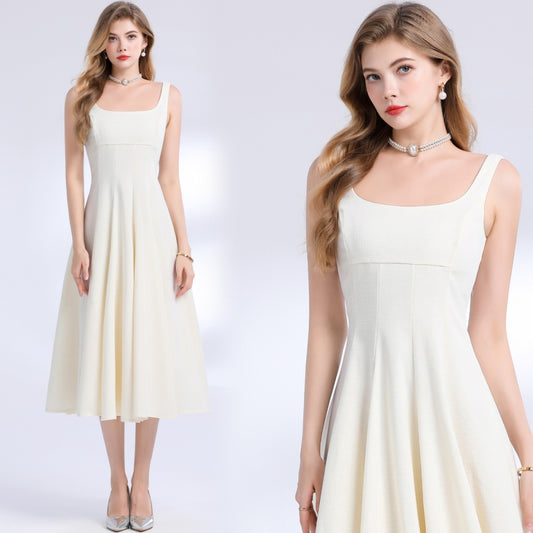 CM-DY048978 Women Elegant European Style Square Neck Sleeveless Pinched Waist A-Line Dress - Apricot
