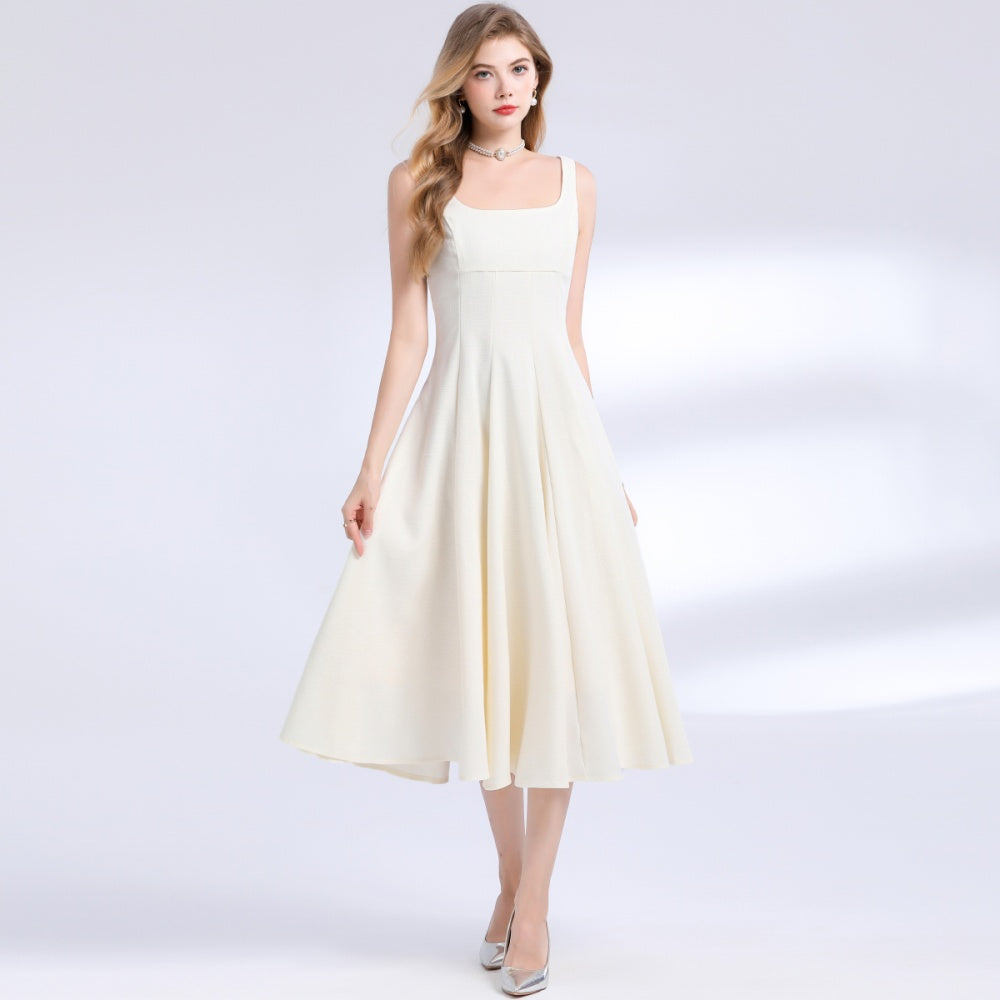CM-DY048978 Women Elegant European Style Square Neck Sleeveless Pinched Waist A-Line Dress - Apricot