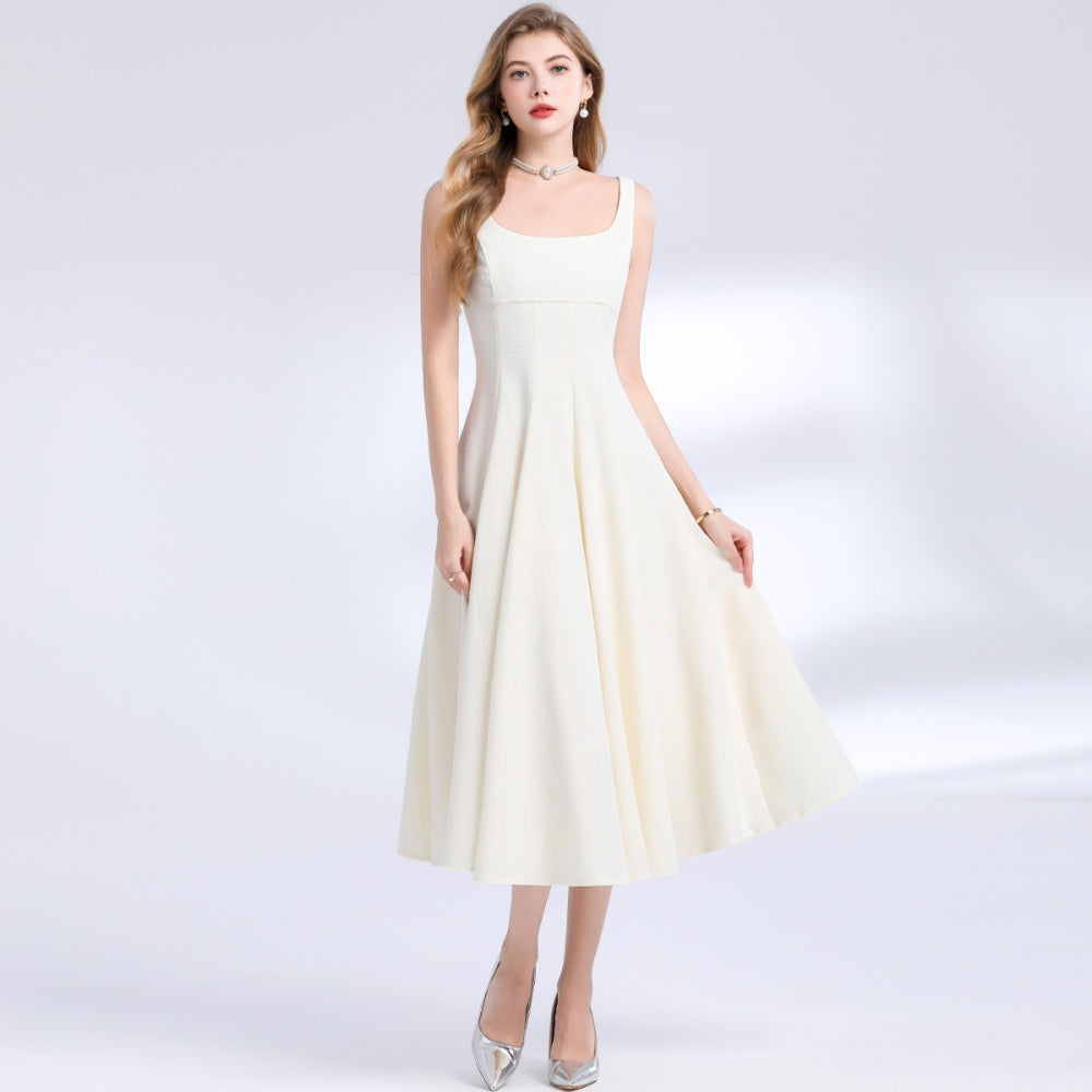 CM-DY048978 Women Elegant European Style Square Neck Sleeveless Pinched Waist A-Line Dress - Apricot
