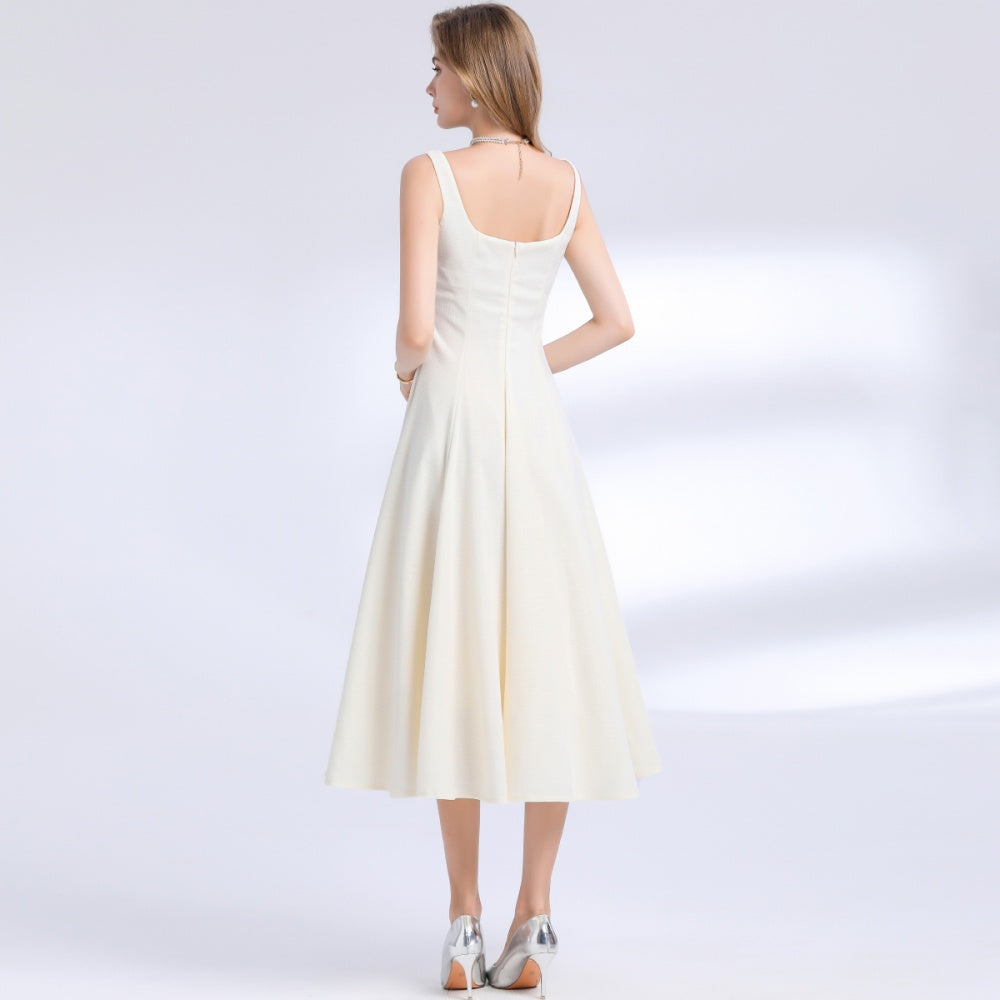 CM-DY048978 Women Elegant European Style Square Neck Sleeveless Pinched Waist A-Line Dress - Apricot