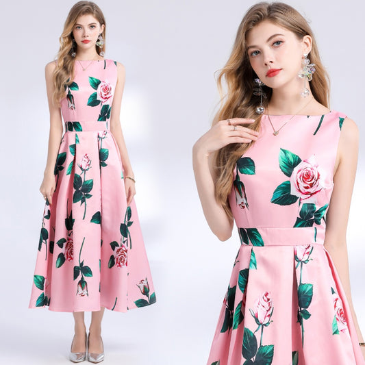 CM-DY048979 Women Elegant European Style Round Neck Sleeveless Pinched Waist High Waist Midi Dress