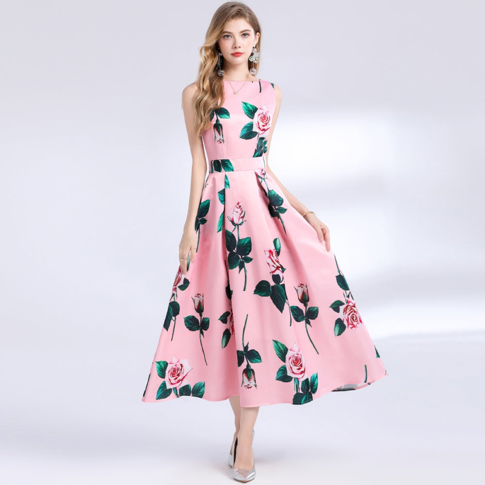 CM-DY048979 Women Elegant European Style Round Neck Sleeveless Pinched Waist High Waist Midi Dress