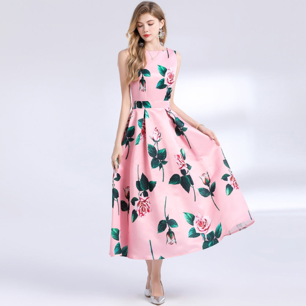 CM-DY048979 Women Elegant European Style Round Neck Sleeveless Pinched Waist High Waist Midi Dress